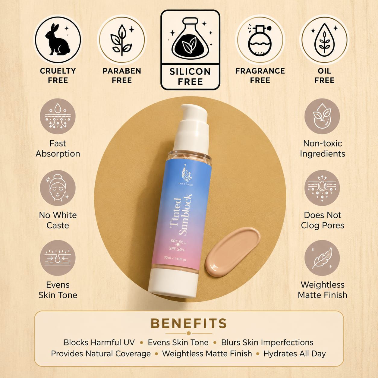 Zar e Sham Tinted Sunscreen (SPF 50+) PA+++